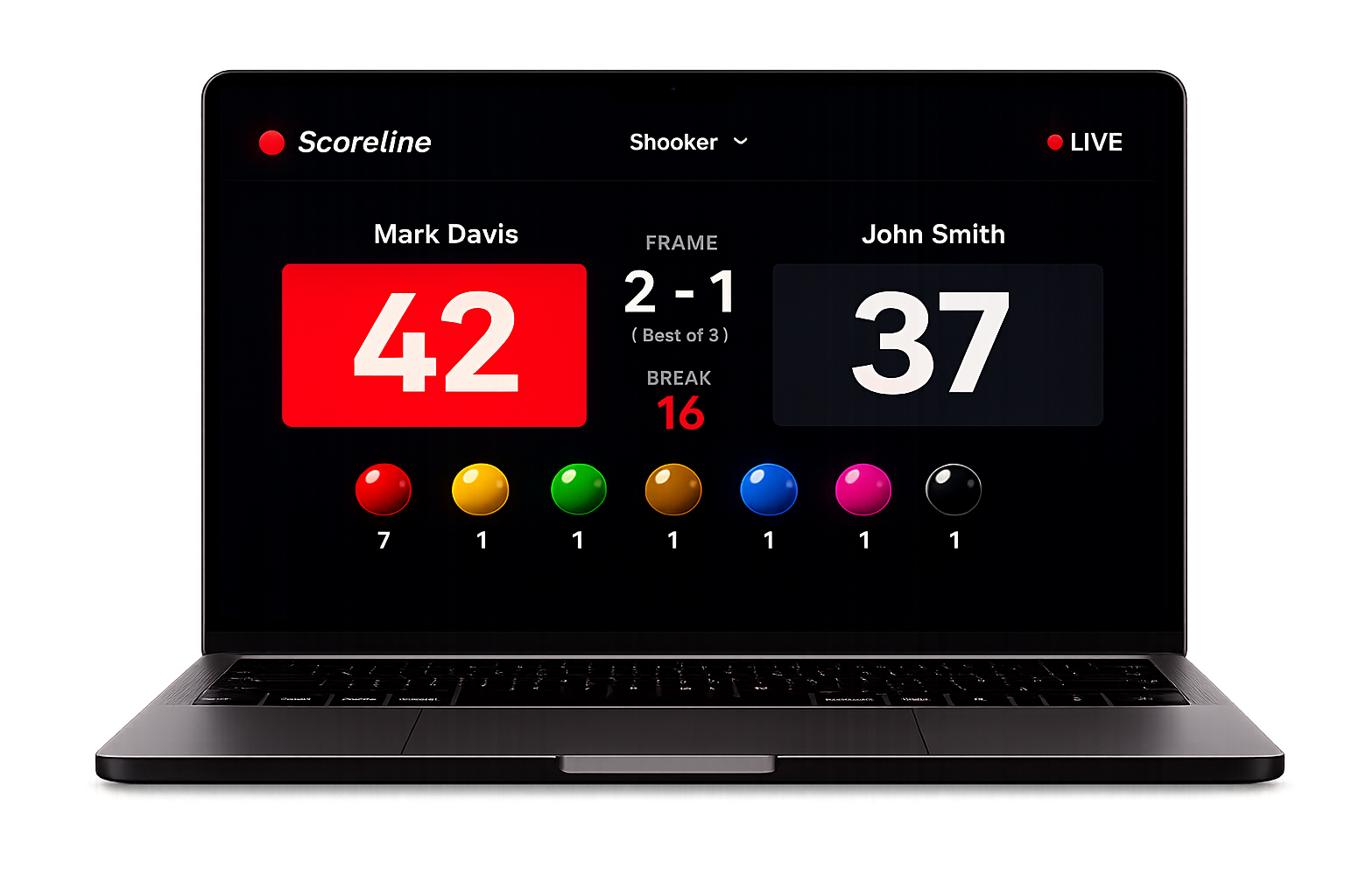 The Scoreline snooker scorer on a laptop