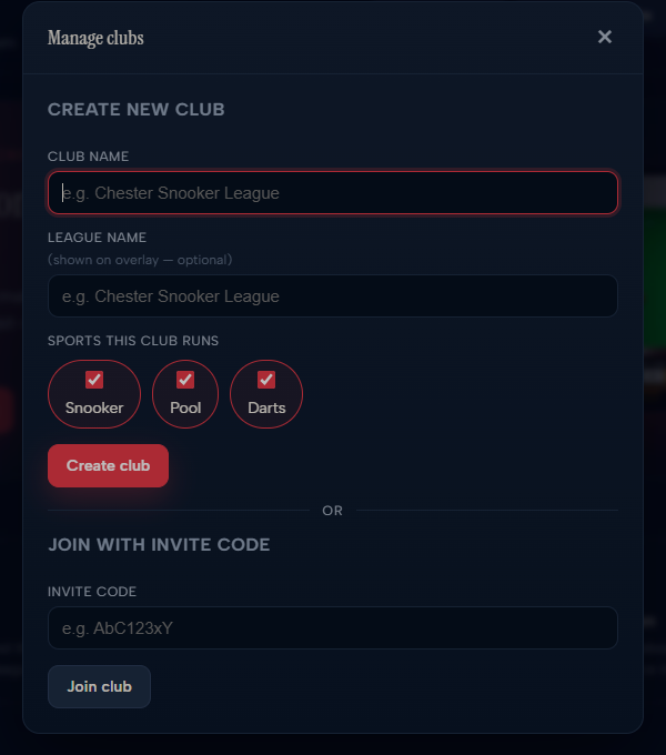 The Manage clubs dialog — create a new club or join with an invite code