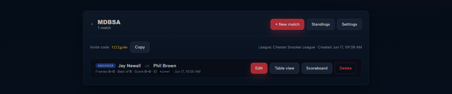 A club card on the dashboard with the New match button