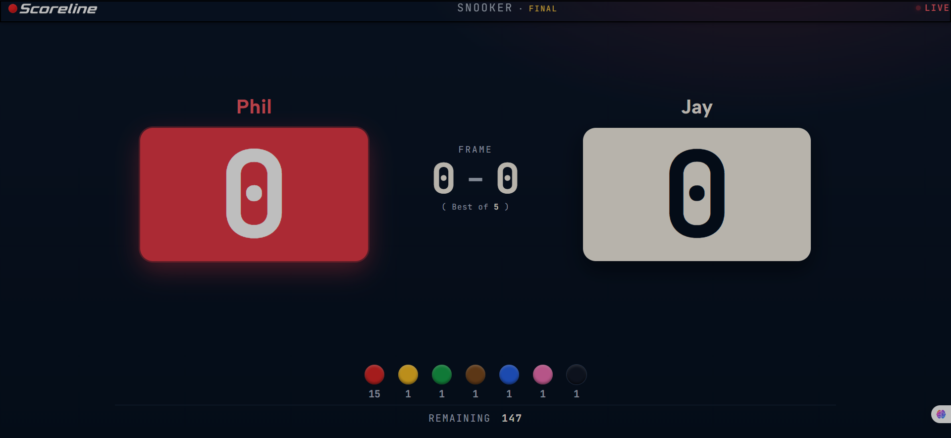 The Scoreline table view showing a live snooker scoreboard